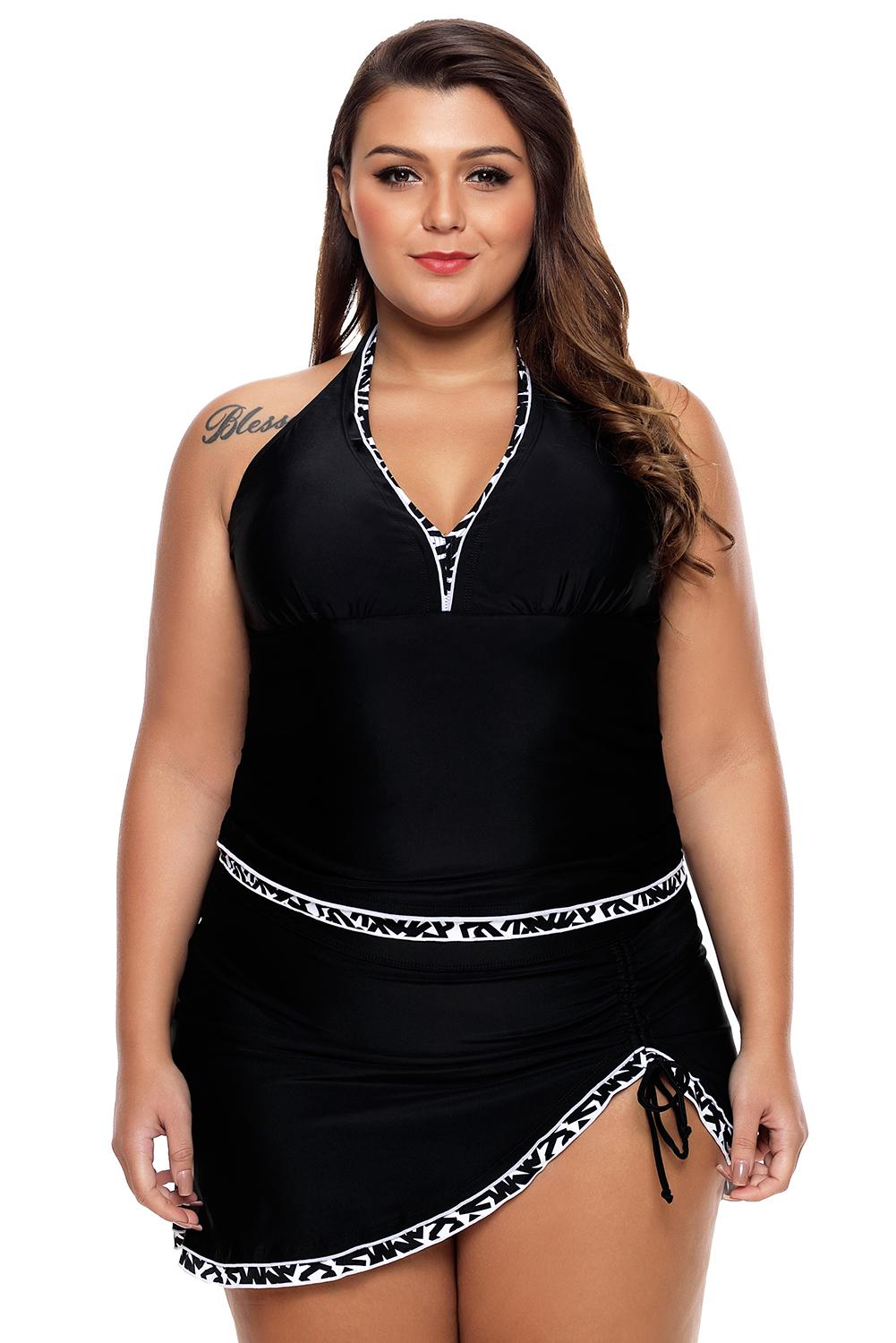 US 10.07 Contrast Trim Royal Blue Halter Tankini Top with Swimsuit Skirt Tankini Set www