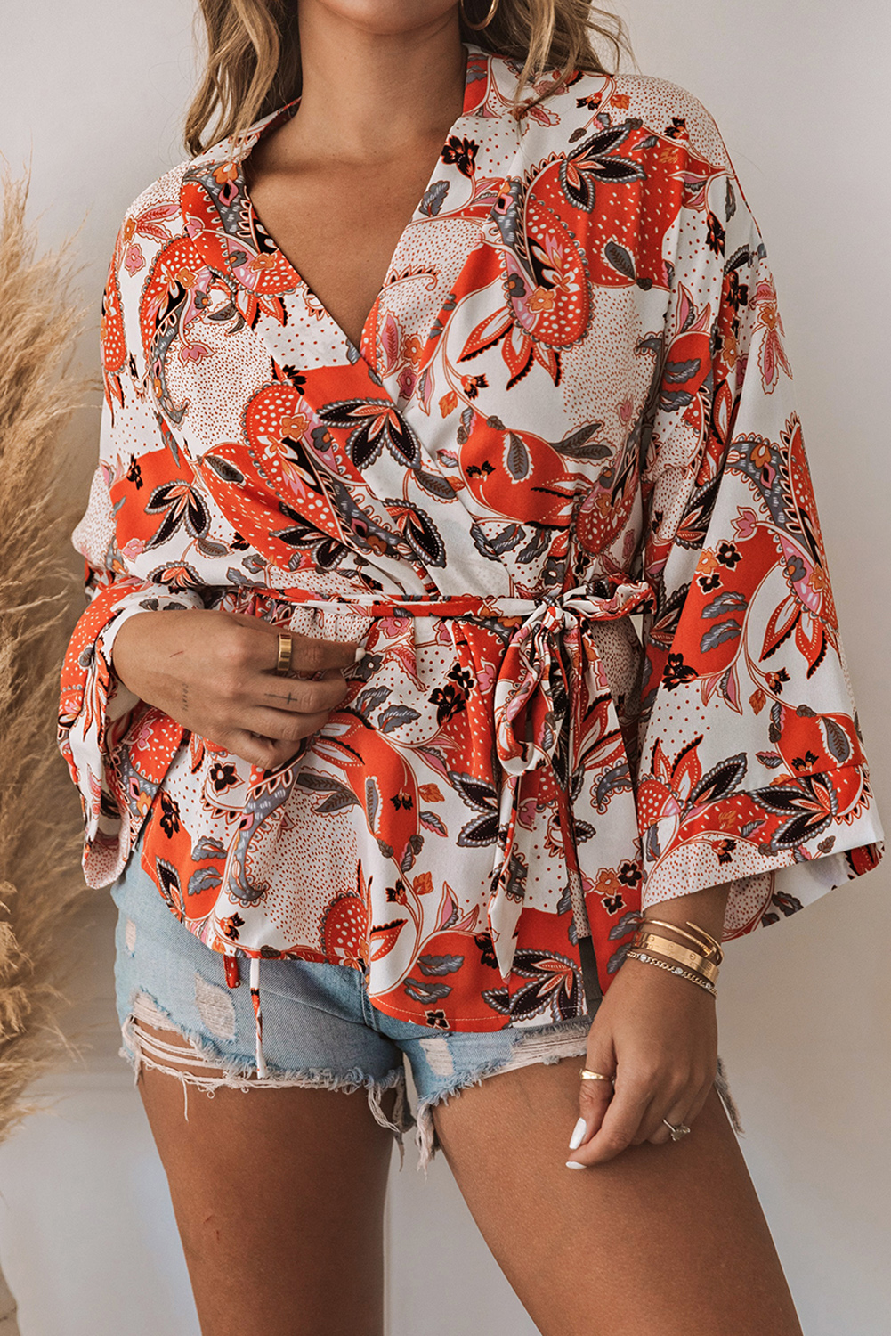 US 7 3 Orange Floral Wrap Kimono Blouse Mshiying