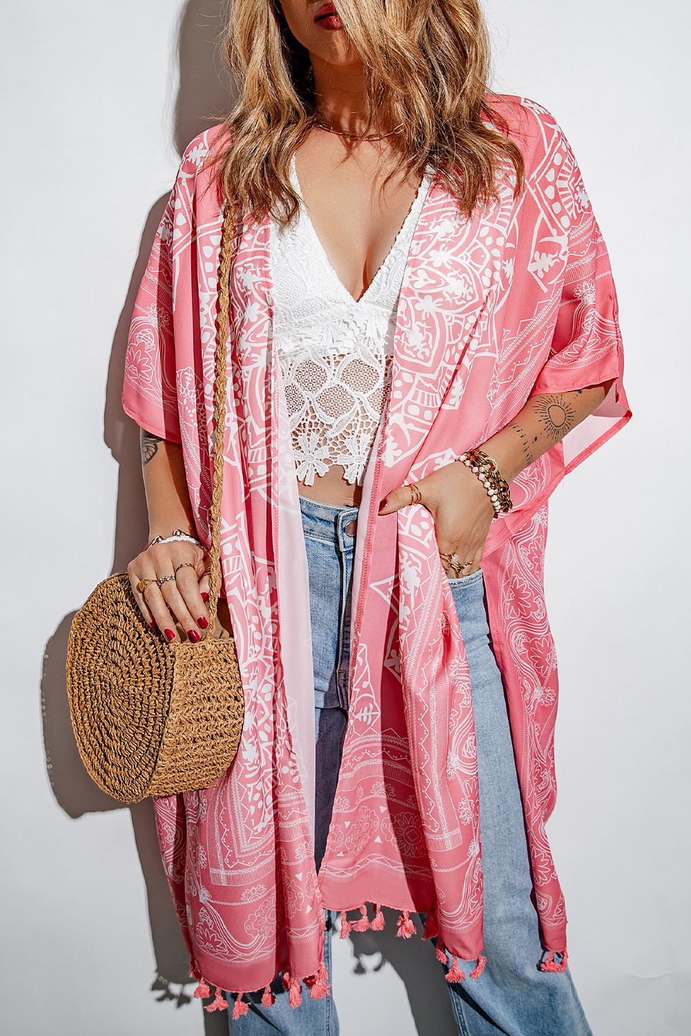 US 7.5 Pink Anja Tassel Kimono Beach Coverup