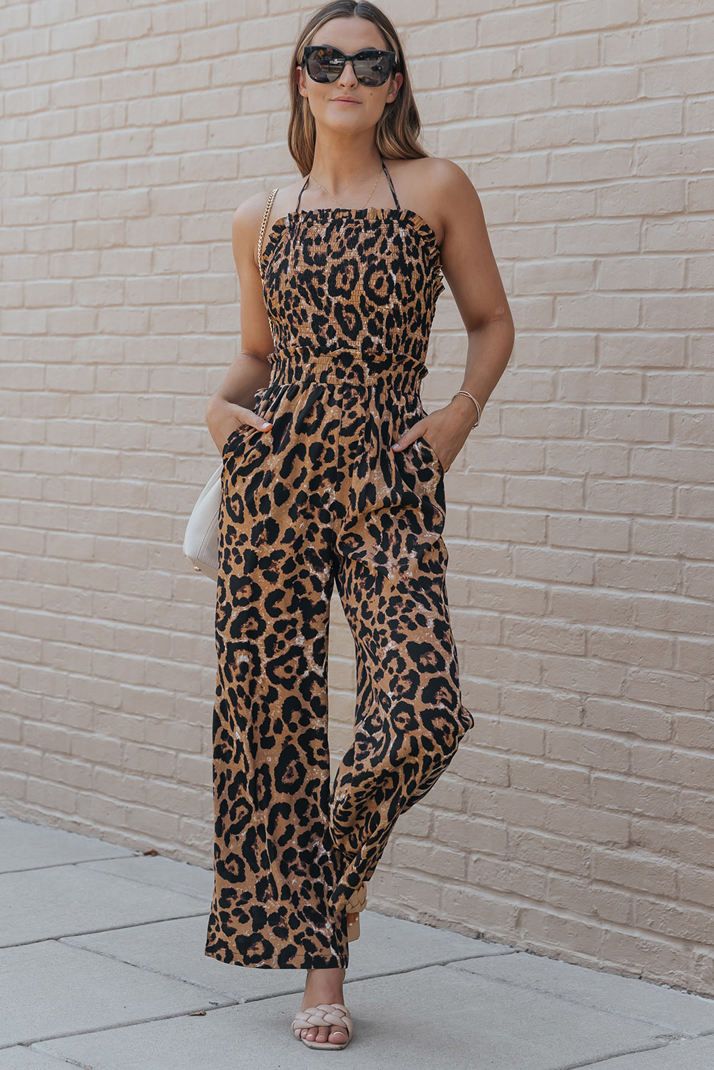 US$ 7.98 - Leopard Print Halter Neck Backless Wide Leg Jumpsuit - www.mshiying.com