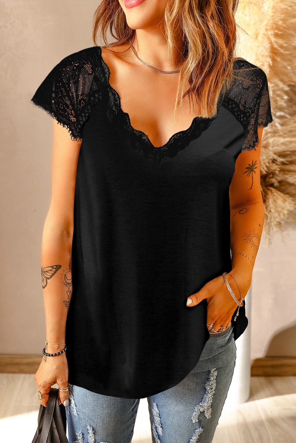 US$ 4.5 - Black Lace Knit Tank - www.mshiying.com