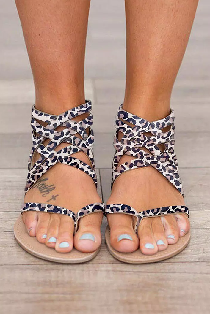 US 5.91 Leopard Summer CrossTied Zipper Flat Sandals