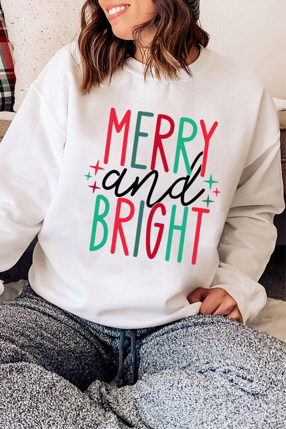US$ 8.89 - White MERRY and BRIGHT Long Sleeve Graphic Sweatshirt - www ...