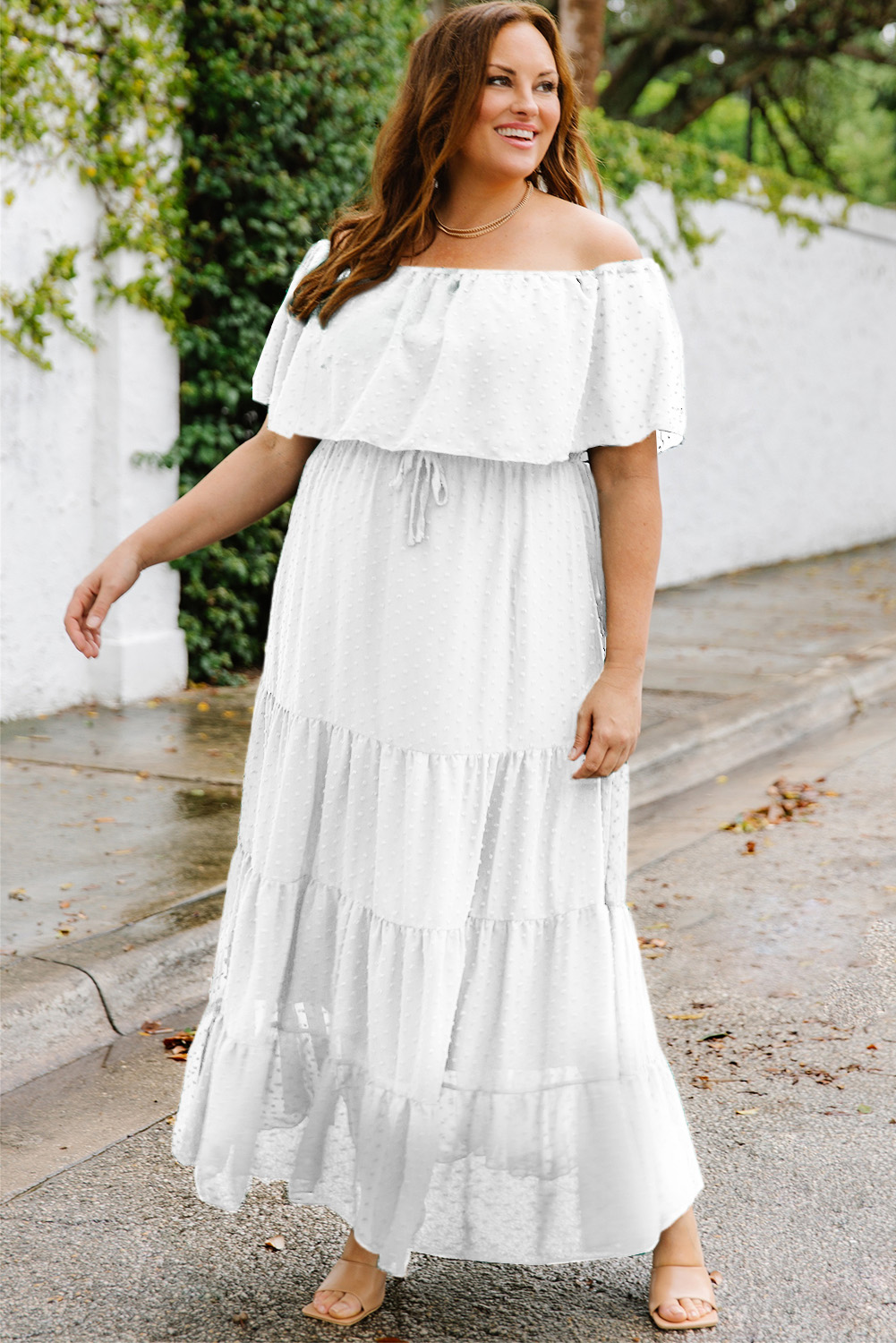 US$ 14.98 - White Swiss Dot Plus Size Ruffle Tiered Maxi Dress - www ...