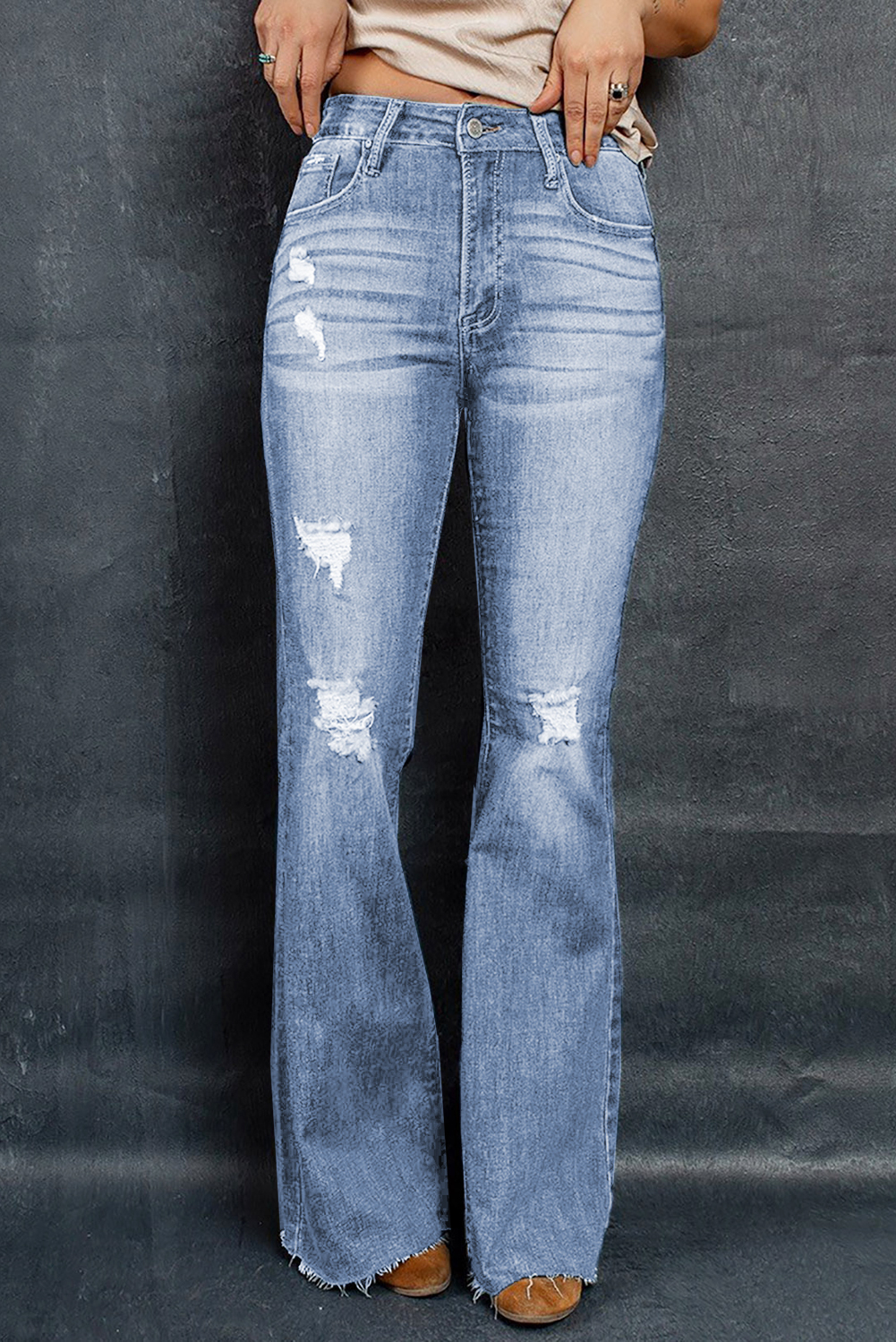 US$ 12.9 - Sky Blue Dark Wash Mid Rise Flare Jeans - www.mshiying.com