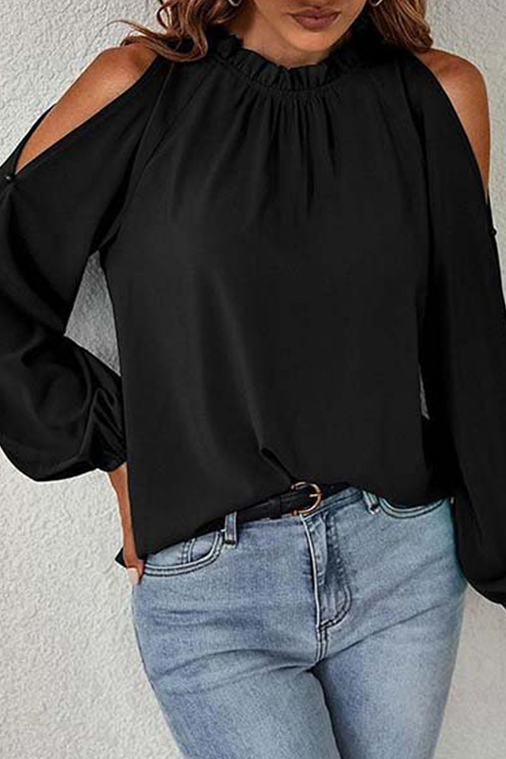 US$ 5.9 - Black Cold Shoulder Bishop Sleeve Blouse - www.mshiying.com