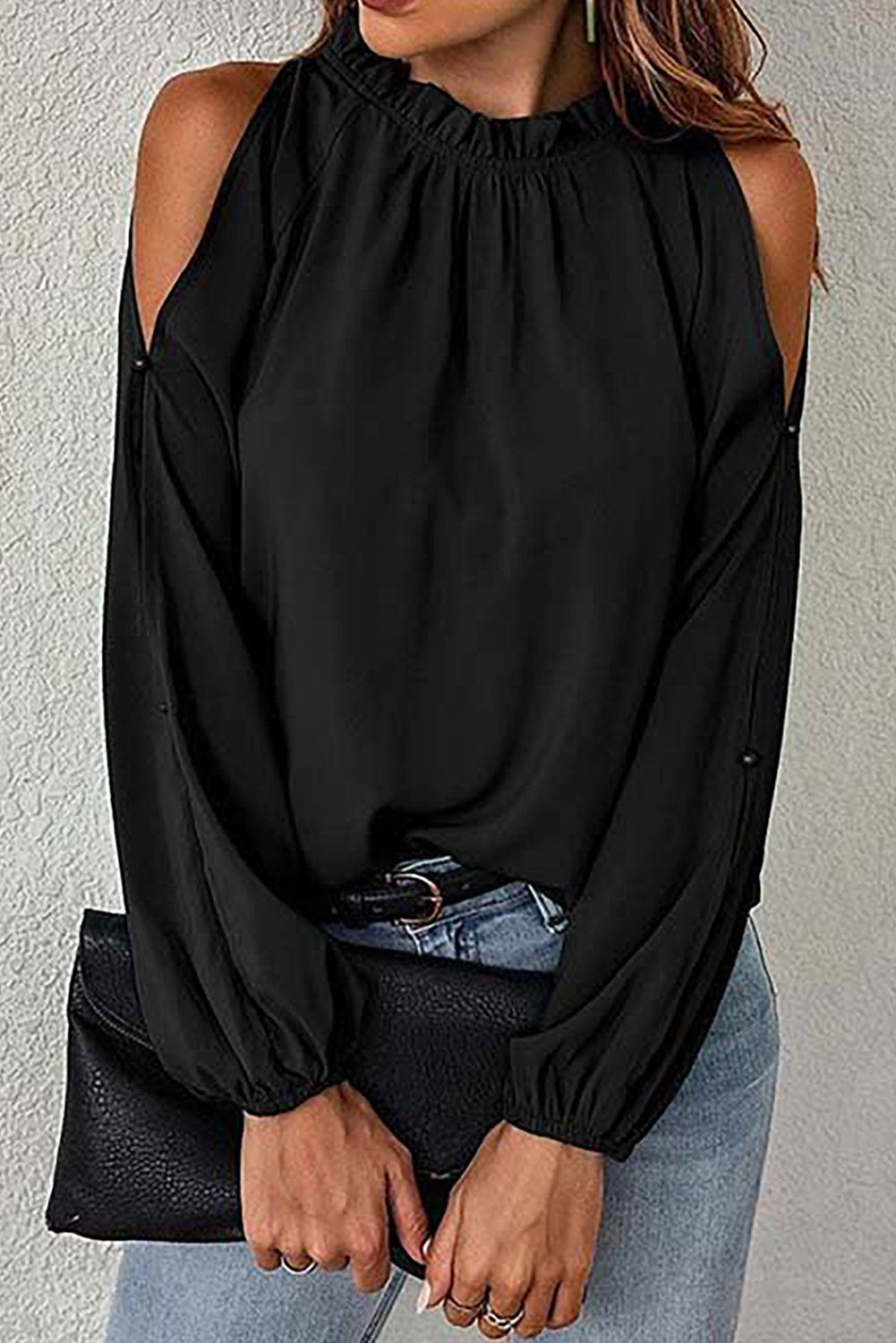 US$ 5.9 - Black Cold Shoulder Bishop Sleeve Blouse - www.mshiying.com