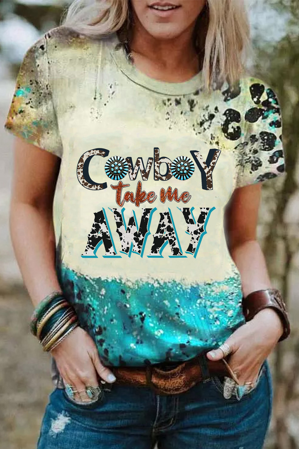 US$ 5.57 - Sky Blue Cowboy take me AWAY Graphic Mixi Print T Shirt ...