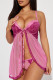 Pink Lace Mesh Splicing Ribbon Tie Flyaway Babydoll Set