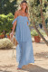 Sky Blue Off Shoulder Ruched Bust Sheer Slit Maxi Dress