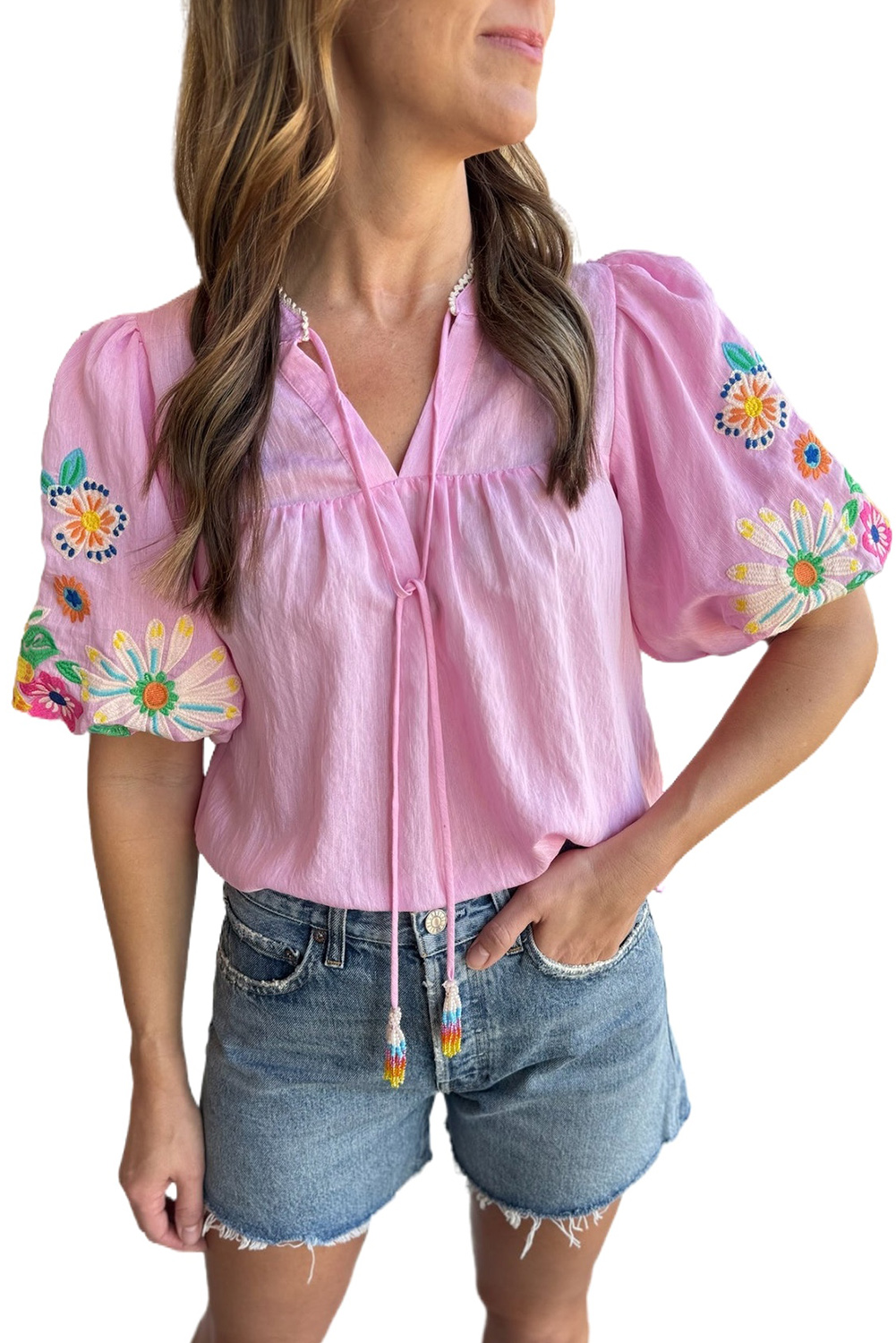 US$ 11.67 - Pink Floral Embroidered Puff Sleeve Split Neck Blouse - www ...