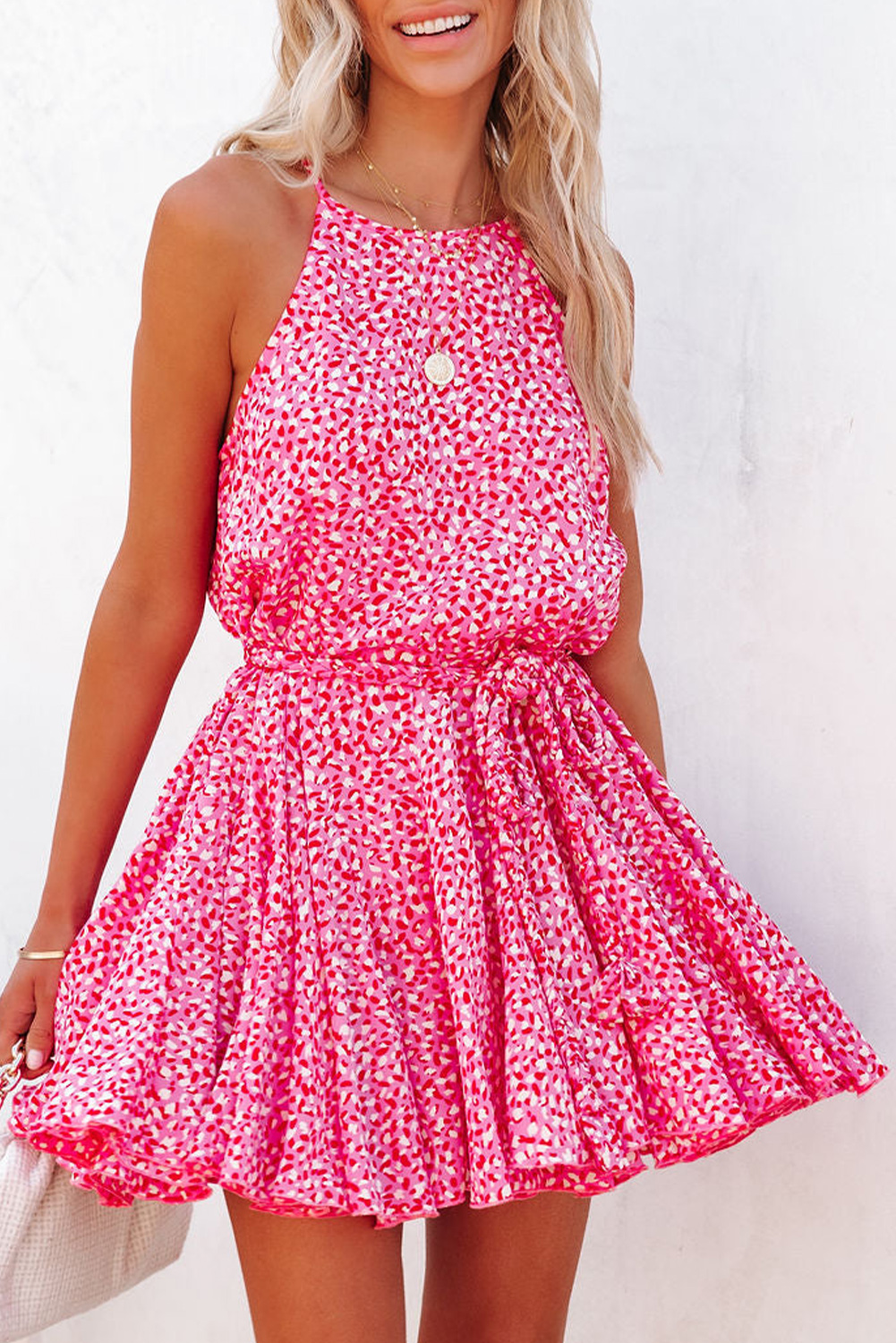 US$ 11.6 - Pink Leopard Print Sleeveless Mini Dress with Waist Tie ...
