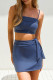 Navy Blue Spaghetti Strap Side Knot Skirt 2 Piece Bikinis